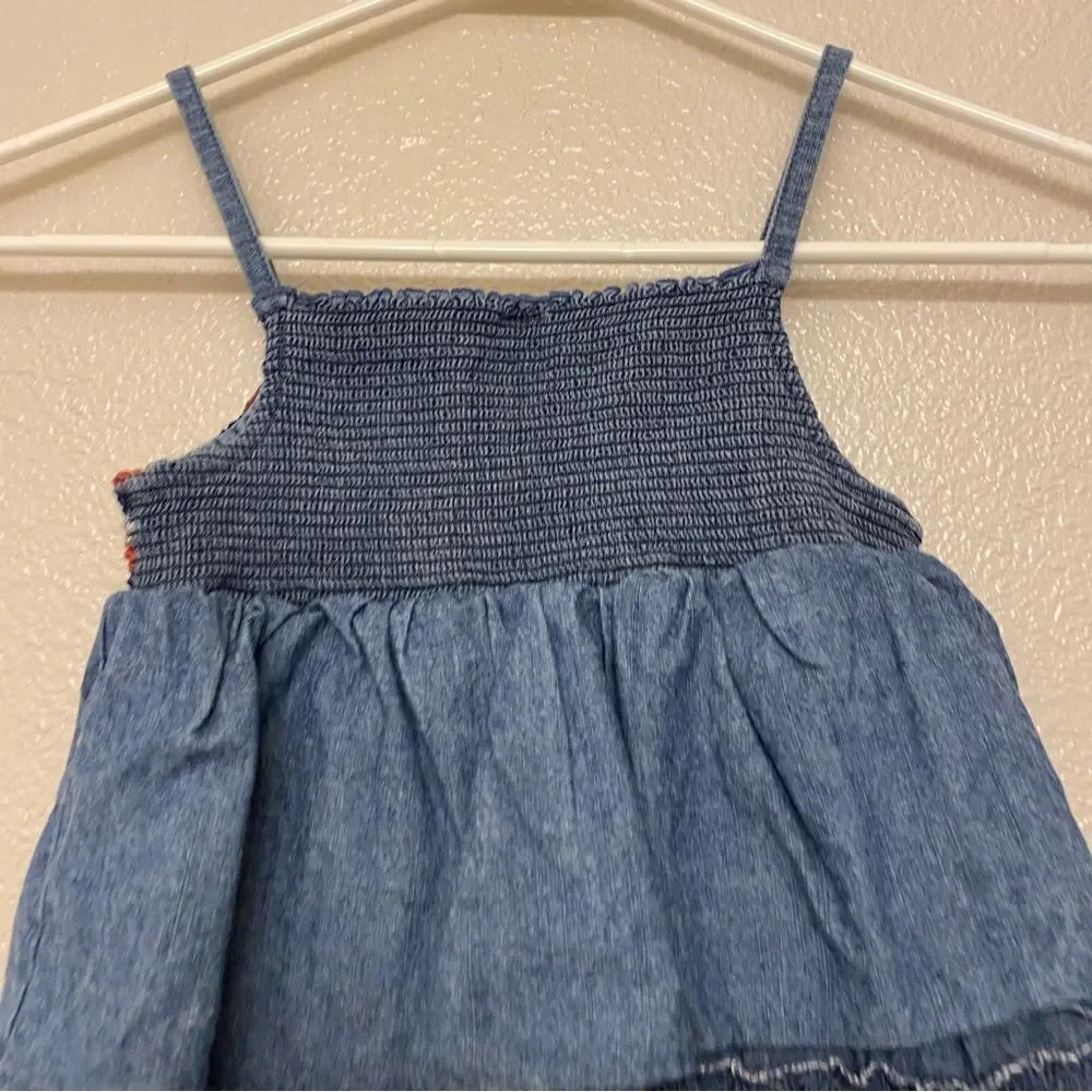Oshkosh denim chambray tiered ruffle smocked Americana 4th of July Dress 7